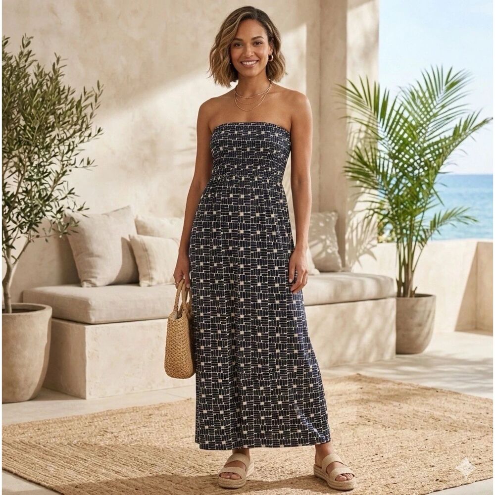 Gap Maxi Dress Womens M Smocked Tube Top Cotton Navy White Strapless Side Slits